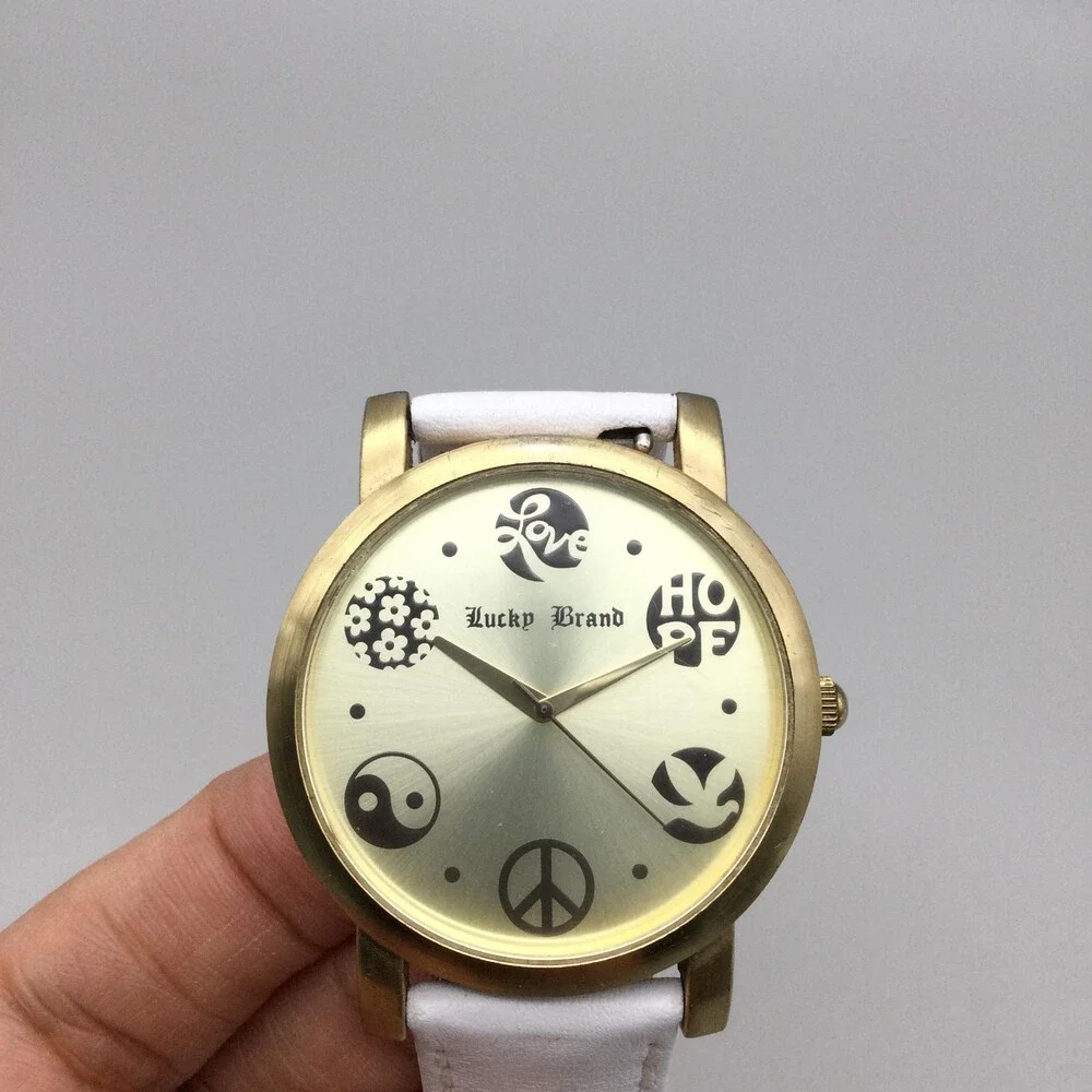 Lucky Brand Womens Watch 40mm White Leather Peace Love Hope 161235 New Battery